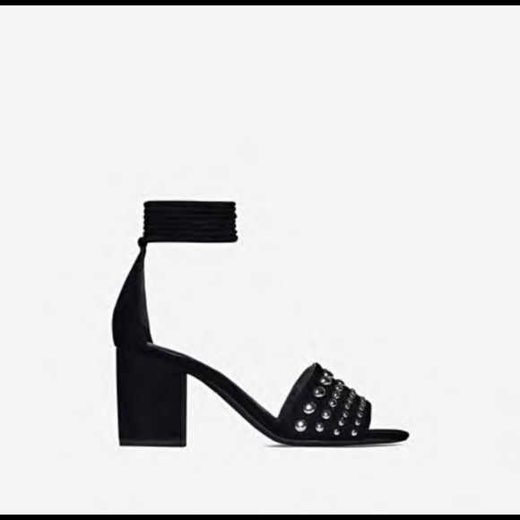 Lace Up Black Faux Suede Mid Block Heels - Picture 1 of 7